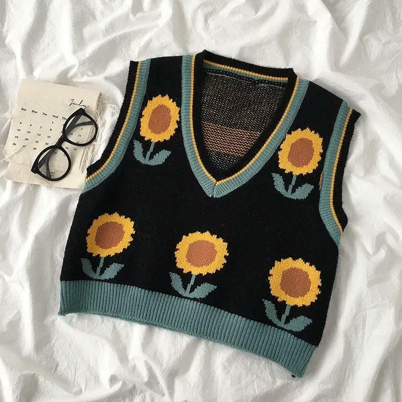 Y2K Sunflower Sweater Vest - Retro 90s Grunge, Summer Y2K Outfits, Pastel Goth Fashion