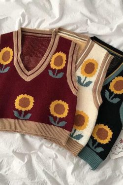 Y2K Sunflower Sweater Vest - Retro 90s Grunge, Summer Y2K Outfits, Pastel Goth Fashion