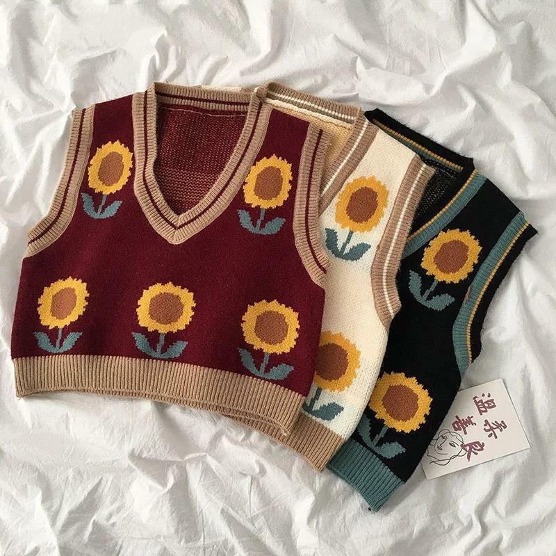 Y2K Sunflower Sweater Vest - Retro 90s Grunge, Summer Y2K Outfits, Pastel Goth Fashion