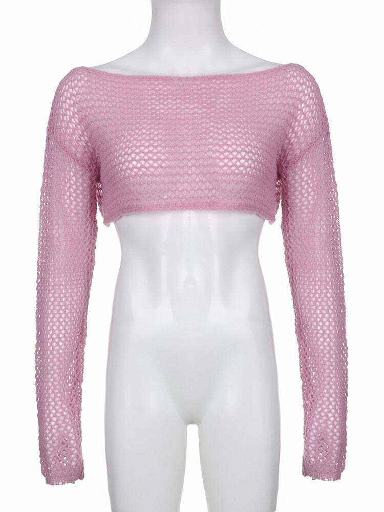 Y2K Sweet Pink Knit Crochet Top - Retro 90s Grunge, Summer Outfits, Baby Tees, Y2K Fashion