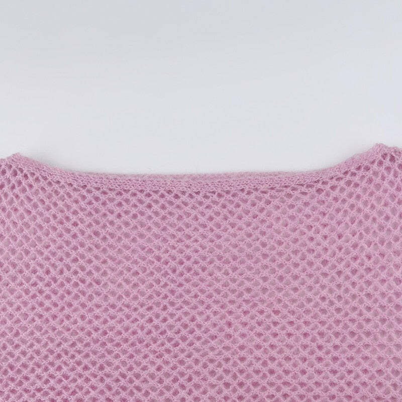 Y2K Sweet Pink Knit Crochet Top - Retro 90s Grunge, Summer Outfits, Baby Tees, Y2K Fashion
