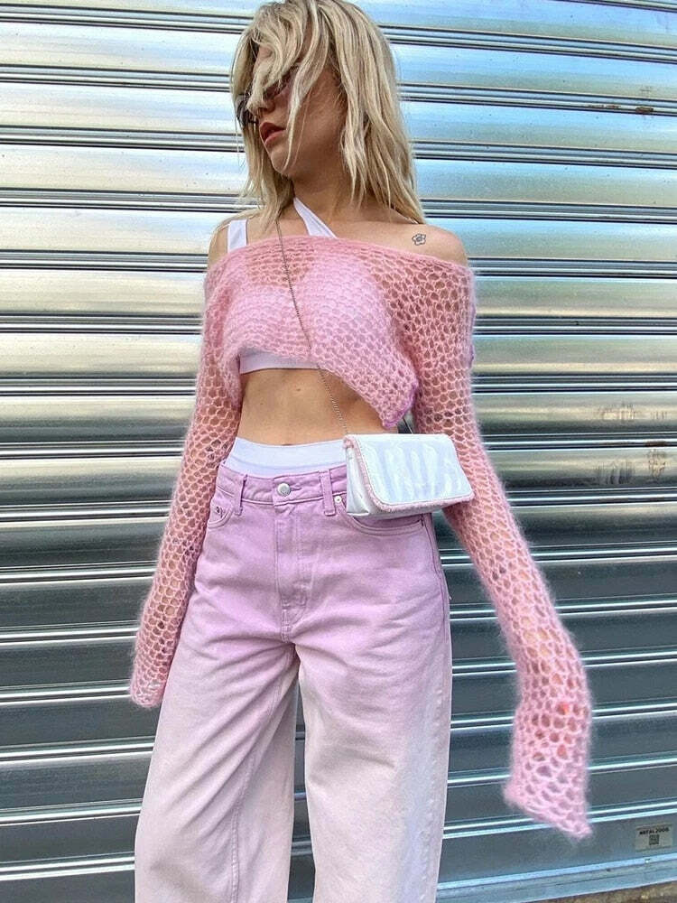 Y2K Sweet Pink Knit Crochet Top - Retro 90s Grunge, Summer Outfits, Baby Tees, Y2K Fashion