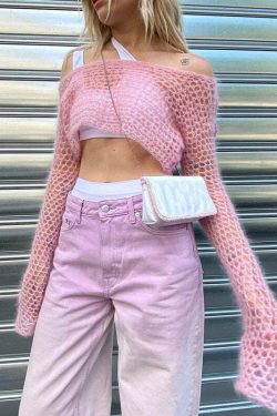 Y2K Sweet Pink Knit Crochet Top - Retro 90s Grunge, Summer Outfits, Baby Tees, Y2K Fashion