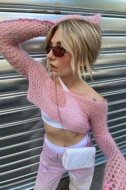 Y2K Sweet Pink Knit Crochet Top - Retro 90s Grunge, Summer Outfits, Baby Tees, Y2K Fashion