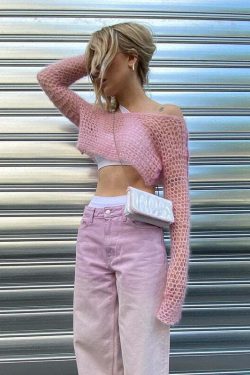 Y2K Sweet Pink Knit Crochet Top - Retro 90s Grunge, Summer Outfits, Baby Tees, Y2K Fashion