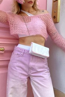Y2K Sweet Pink Knit Crochet Top - Retro 90s Grunge, Summer Outfits, Baby Tees, Y2K Fashion