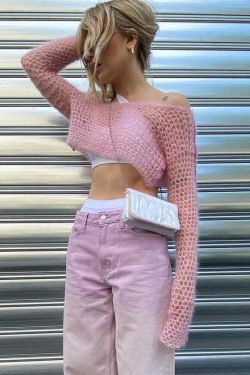 Y2K Sweet Pink Knit Crochet Top - Retro 90s Grunge, Summer Outfits, Baby Tees, Y2K Fashion