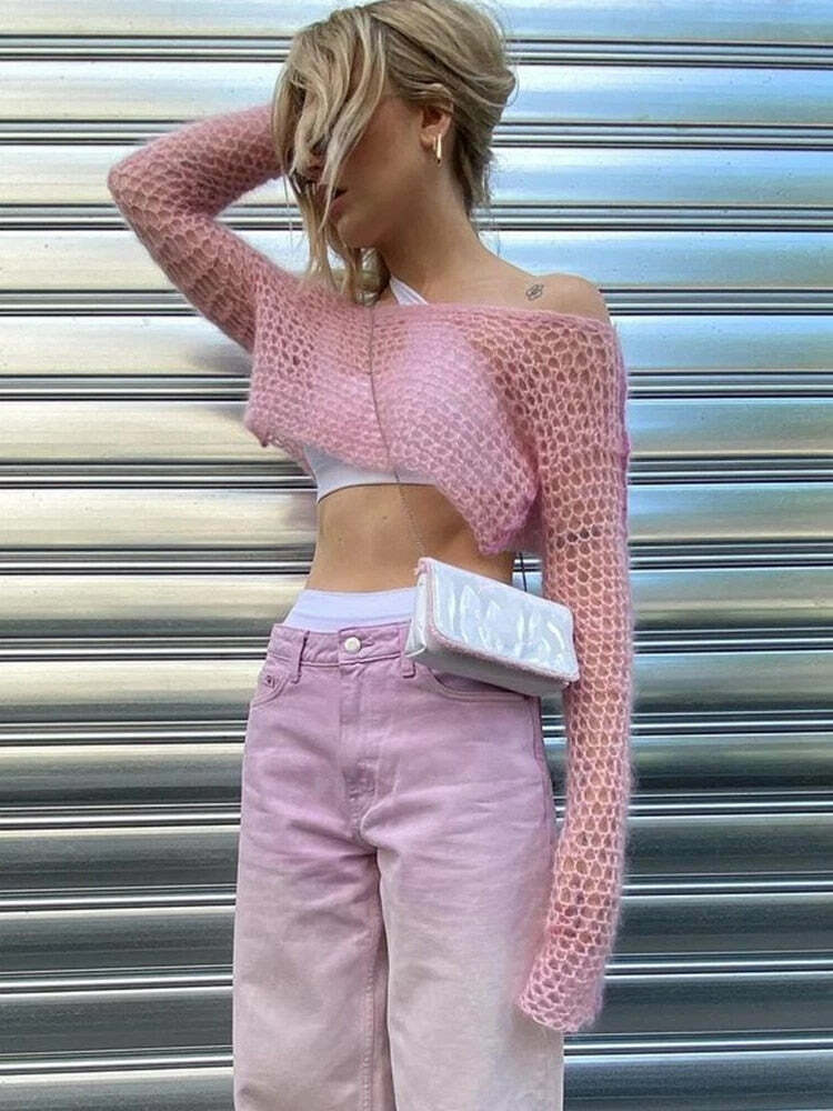 Y2K Sweet Pink Knit Crochet Top - Retro 90s Grunge, Summer Outfits, Baby Tees, Y2K Fashion