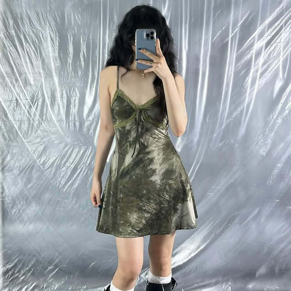 Y2K Tie Dye Gothic Grunge Cami Mini Dress - Retro 90s Summer Outfit for Y2K Fashionistas