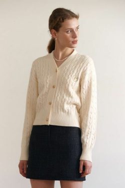 Y2K V-Neck Cable-Knit Cardigan (Ivory) - Retro 90s Grunge Summer Outfit, Y2K Fashion Stap