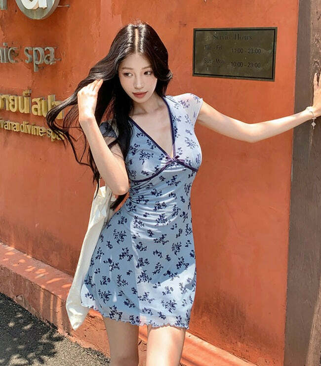 Y2K V-Neck Mini Dress - 90s Grunge, Retro Summer Outfit, Y2K Party & Club Fashion