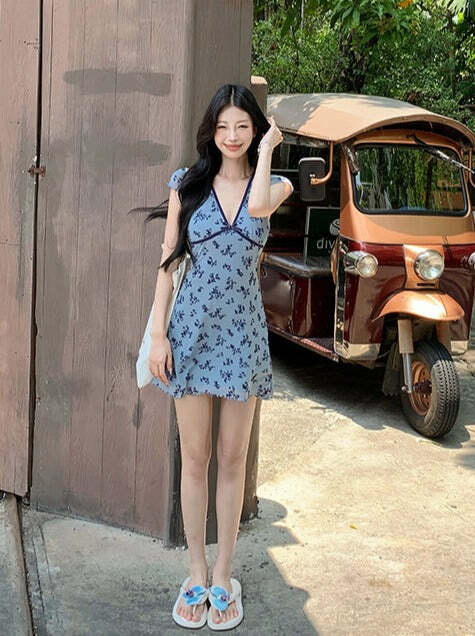 Y2K V-Neck Mini Dress - 90s Grunge, Retro Summer Outfit, Y2K Party & Club Fashion