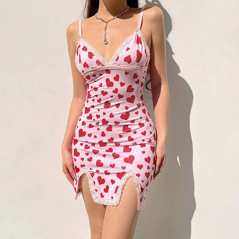 Y2K Valentines Hearts Mini Dress - 90s Grunge, Retro Summer, Y2K Party & Club Outfits