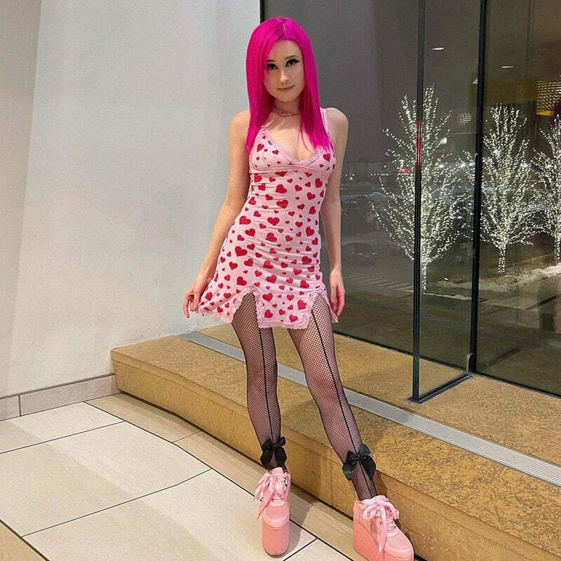 Y2K Valentines Hearts Mini Dress - 90s Grunge, Retro Summer, Y2K Party & Club Outfits