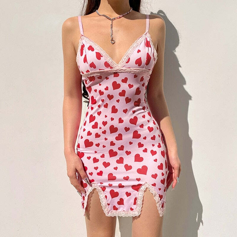 Y2K Valentines Hearts Mini Dress - 90s Grunge, Retro Summer, Y2K Party & Club Outfits