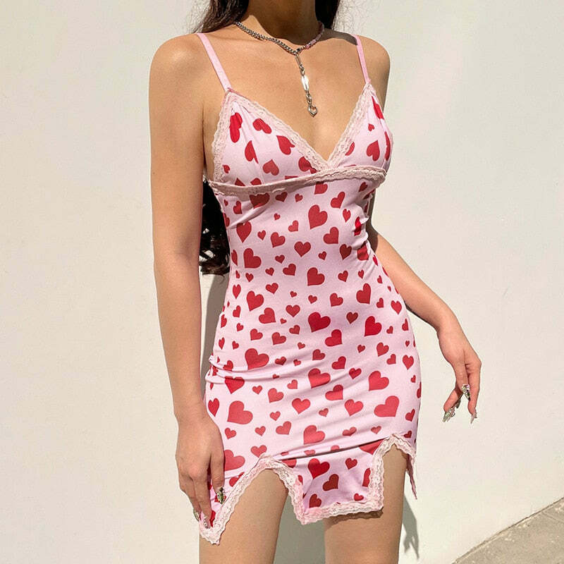 Y2K Valentines Hearts Mini Dress - 90s Grunge, Retro Summer, Y2K Party & Club Outfits