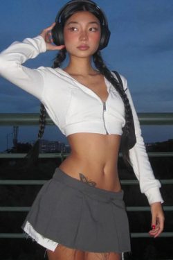 Y2K White Cropped Zip Up Hoodie - 90s Grunge, Retro Summer, Y2K Party & Club Outfits