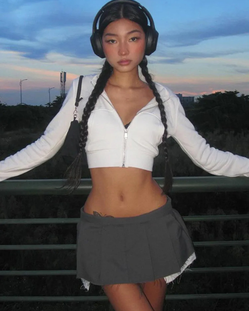Y2K White Cropped Zip Up Hoodie - 90s Grunge, Retro Summer, Y2K Party & Club Outfits
