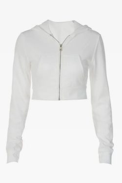 Y2K White Cropped Zip Up Hoodie - 90s Grunge, Retro Summer, Y2K Party & Club Outfits
