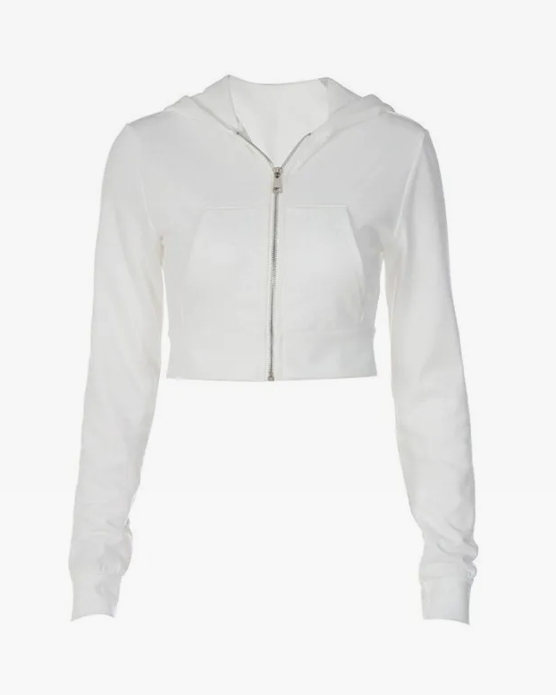 Y2K White Cropped Zip Up Hoodie - 90s Grunge, Retro Summer, Y2K Party & Club Outfits