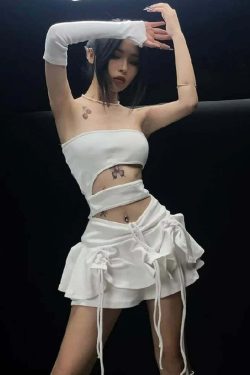 Y2K White Strapless Cut Out Mini Dress - 90s Grunge Summer Outfit, Retro Party Fashion