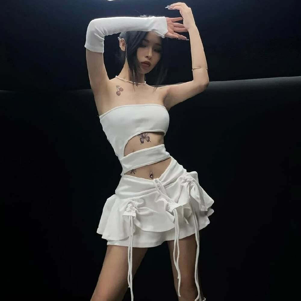 Y2K White Strapless Cut Out Mini Dress - 90s Grunge Summer Outfit, Retro Party Fashion