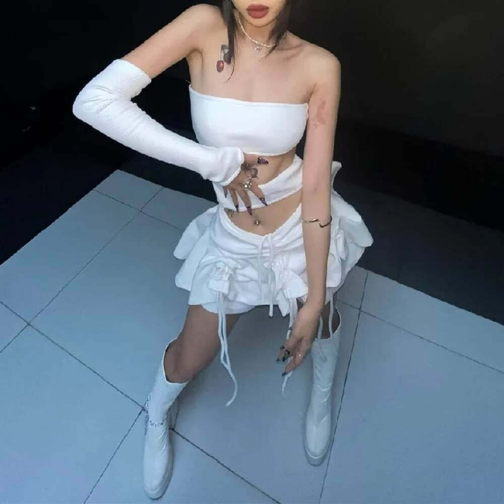Y2K White Strapless Cut Out Mini Dress - 90s Grunge Summer Outfit, Retro Party Fashion