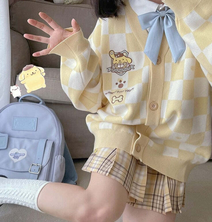 Y2K Yellow Checker Cardigan Sweater - Retro 90s Grunge, Pastel Goth, Summer Y2K Outfits
