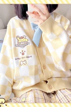Y2K Yellow Checker Cardigan Sweater - Retro 90s Grunge, Pastel Goth, Summer Y2K Outfits