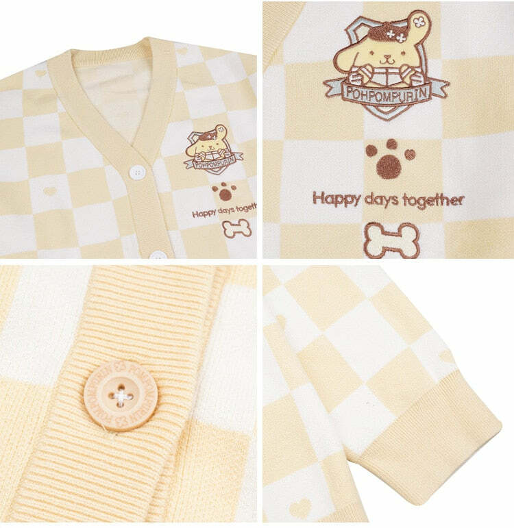 Y2K Yellow Checker Cardigan Sweater - Retro 90s Grunge, Pastel Goth, Summer Y2K Outfits