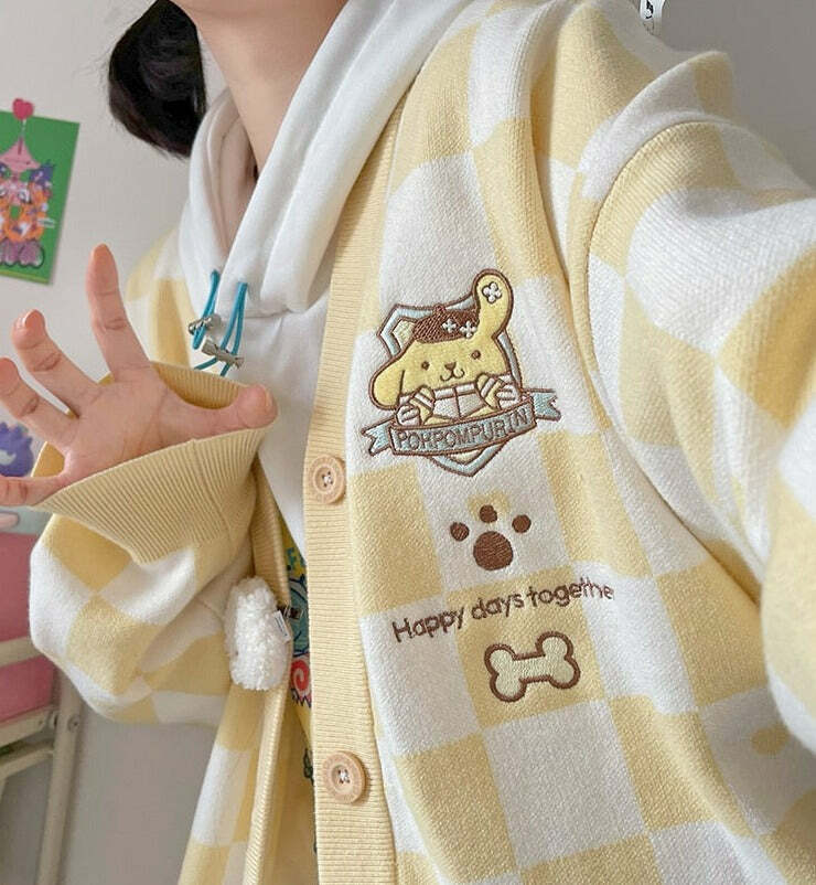 Y2K Yellow Checker Cardigan Sweater - Retro 90s Grunge, Pastel Goth, Summer Y2K Outfits