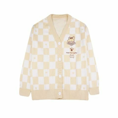 Y2K Yellow Checker Cardigan Sweater - Retro 90s Grunge, Pastel Goth, Summer Y2K Outfits