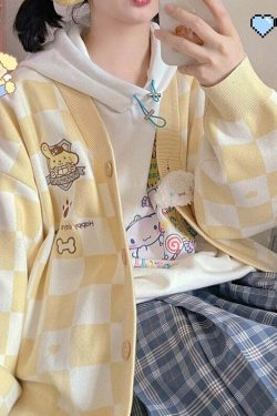 Y2K Yellow Checker Cardigan Sweater - Retro 90s Grunge, Pastel Goth, Summer Y2K Outfits