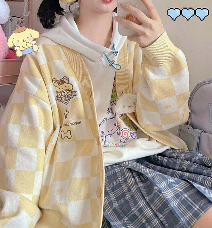 Y2K Yellow Checker Cardigan Sweater - Retro 90s Grunge, Pastel Goth, Summer Y2K Outfits