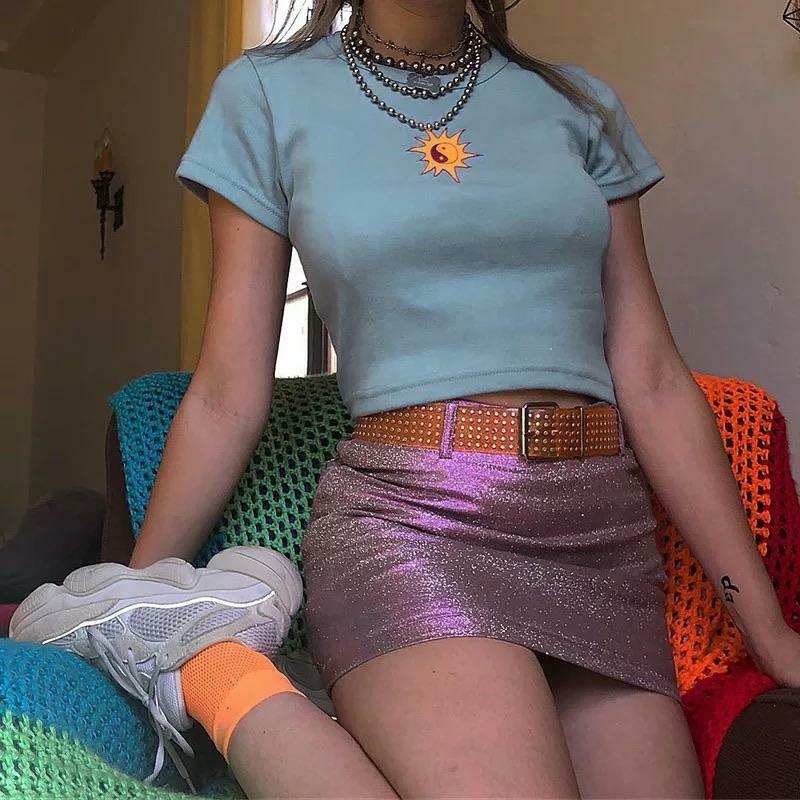 Y2K Yin-Yang Sun Embroidered Crop Top - Retro 90s Grunge, Summer & Party Outfits