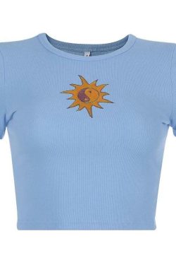 Y2K Yin-Yang Sun Embroidered Crop Top - Retro 90s Grunge, Summer & Party Outfits