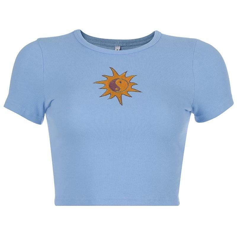 Y2K Yin-Yang Sun Embroidered Crop Top - Retro 90s Grunge, Summer & Party Outfits