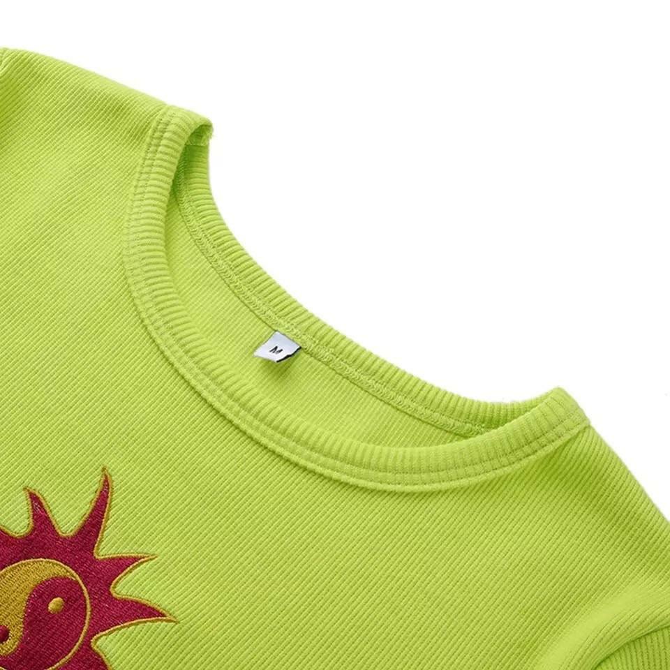 Y2K Yin-Yang Sun Embroidered Crop Top - Retro 90s Grunge, Summer & Party Outfits
