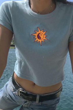 Y2K Yin-Yang Sun Embroidered Crop Top - Retro 90s Grunge, Summer & Party Outfits