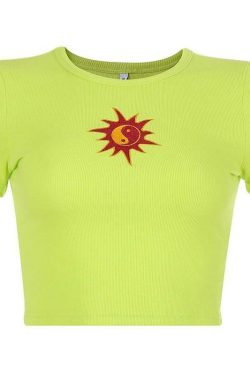 Y2K Yin-Yang Sun Embroidered Crop Top - Retro 90s Grunge, Summer & Party Outfits