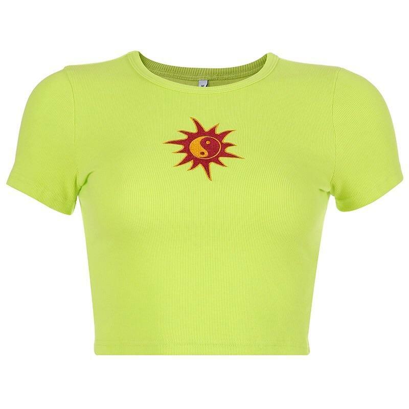 Y2K Yin-Yang Sun Embroidered Crop Top - Retro 90s Grunge, Summer & Party Outfits