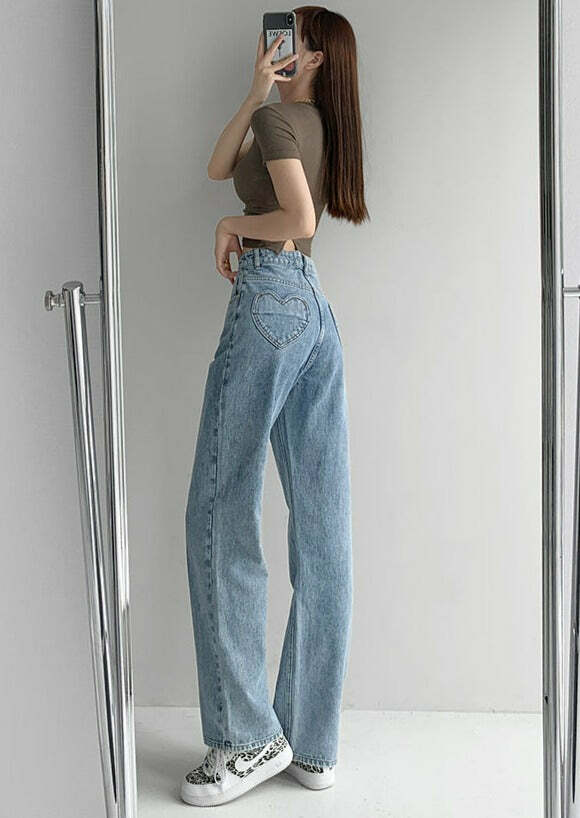 Your Heart In My Pocket Y2K Wide-Leg Jeans - 90s Grunge, Retro, and Summer Y2K Fashion