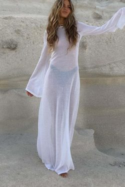 Yulia Long Sleeve Beach Dress - Y2K Summer Outfit, 90s Fashion, Grunge, Retro Style