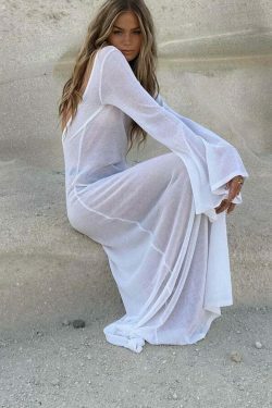Yulia Long Sleeve Beach Dress - Y2K Summer Outfit, 90s Fashion, Grunge, Retro Style