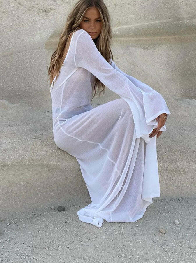 Yulia Long Sleeve Beach Dress - Y2K Summer Outfit, 90s Fashion, Grunge, Retro Style