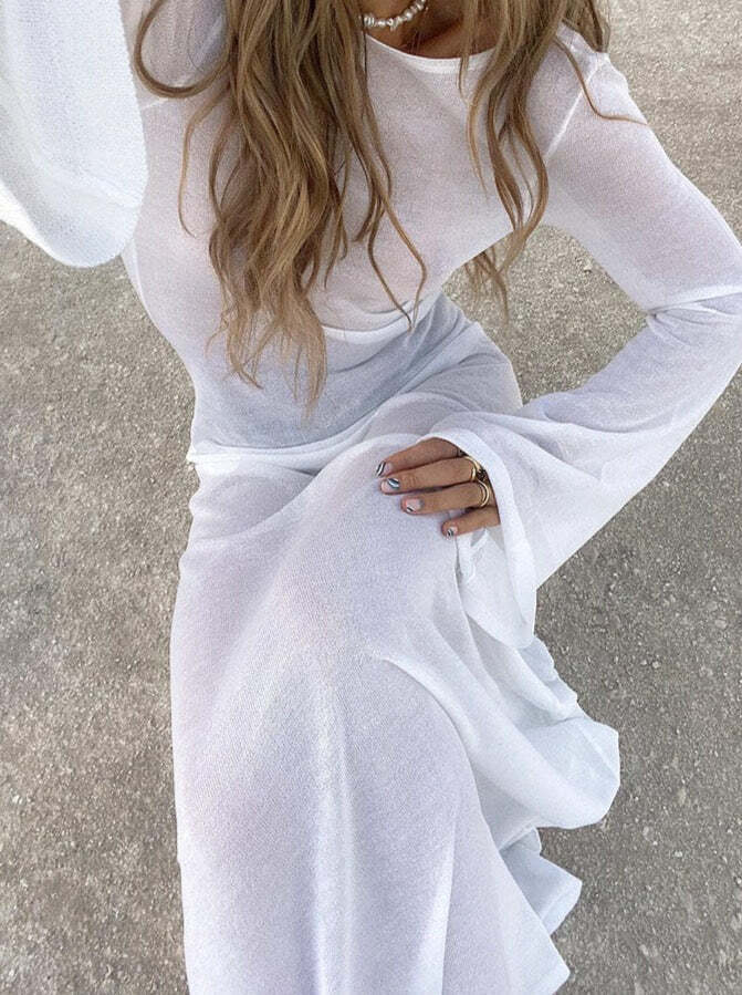 Yulia Long Sleeve Beach Dress - Y2K Summer Outfit, 90s Fashion, Grunge, Retro Style