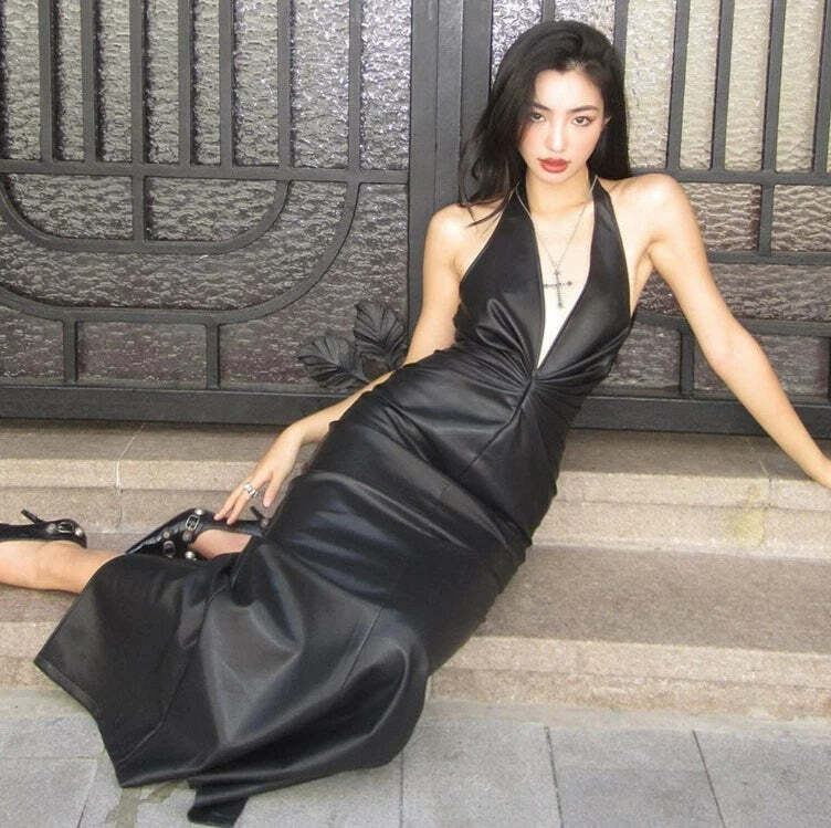 Zainab Faux Leather Maxi Dress - Y2K Summer, 90s Grunge, Retro Style, Y2K Party Outfit