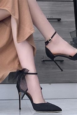 2023 Black High-Heeled Shoes with Butterfly Knot, Thin Heel, One-Strap Buckle, Elegant Ladies' Footwear for Special Occasions