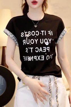 2023 Summer Handmade Sequin Floral Waist-Defining Slim Fit Short Sleeve T-Shirt Top for Trendy Y2K Style