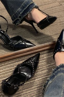 2023 Women's Retro Pointed Toe Rivet High Heels - Punk Style Single Strap Thin Heels Sandals for Fashion-Forward Looks